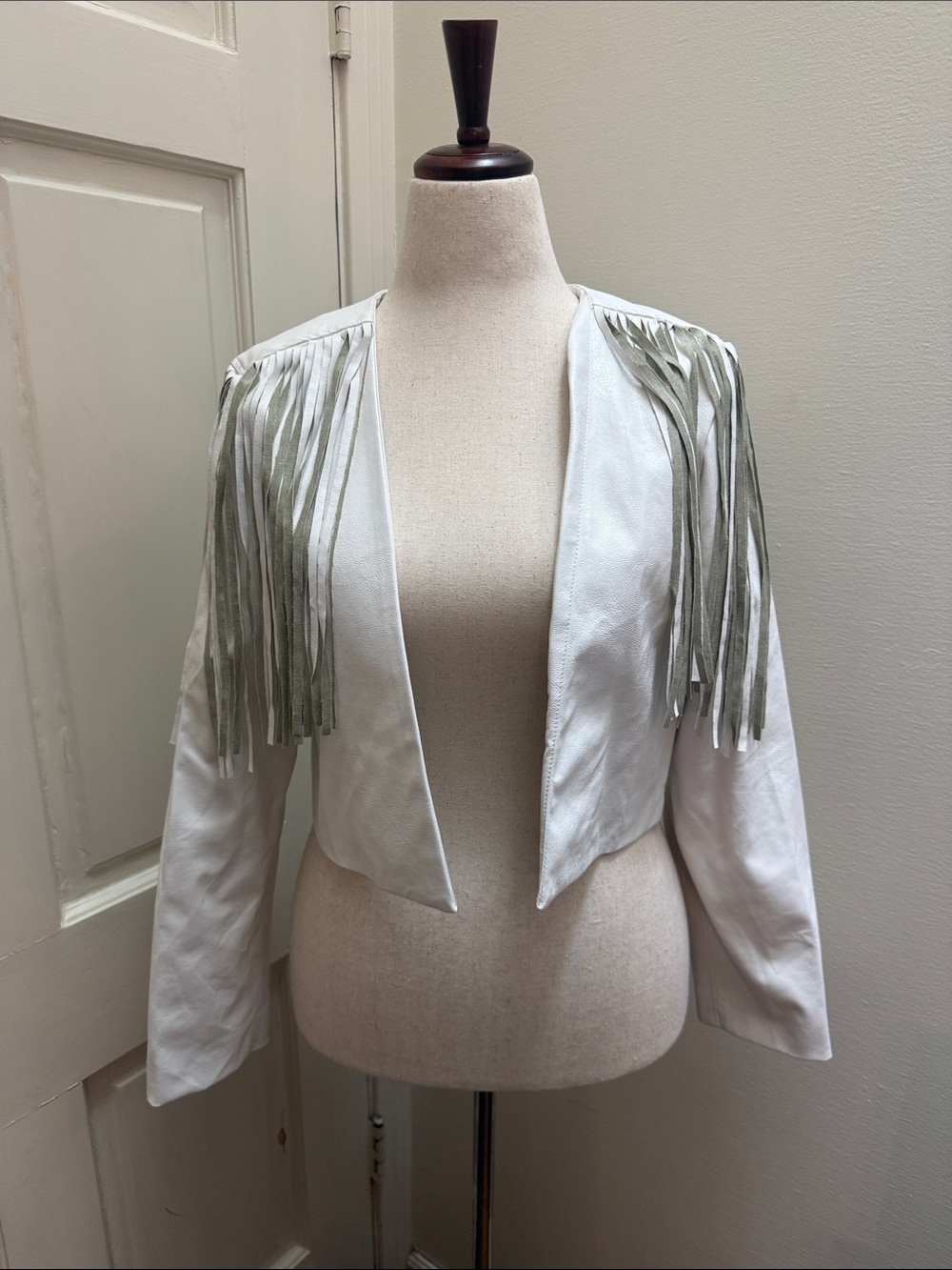 Judith March White Jacket with Fringe Shoulders and star sequin patch on back
